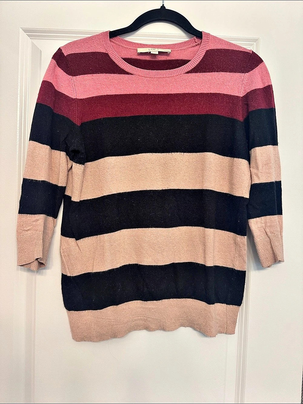 LOFT Striped Crewneck Sweater in Pink & Black Size Medium